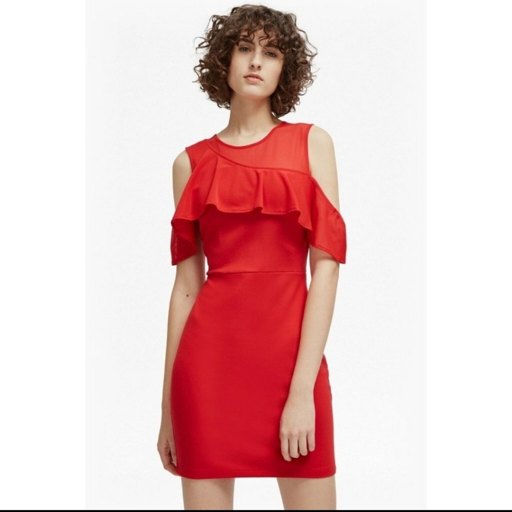 FRENCH CONNECTION Asymmetric Shoulder Dress Ruffle Mini Red Sz 2 - Picture 7 of 9